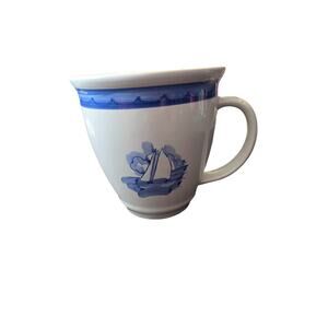 Folkcraft Stoneware Sail Away Pottery Coffee Tea Mug White Blue Sailboat
